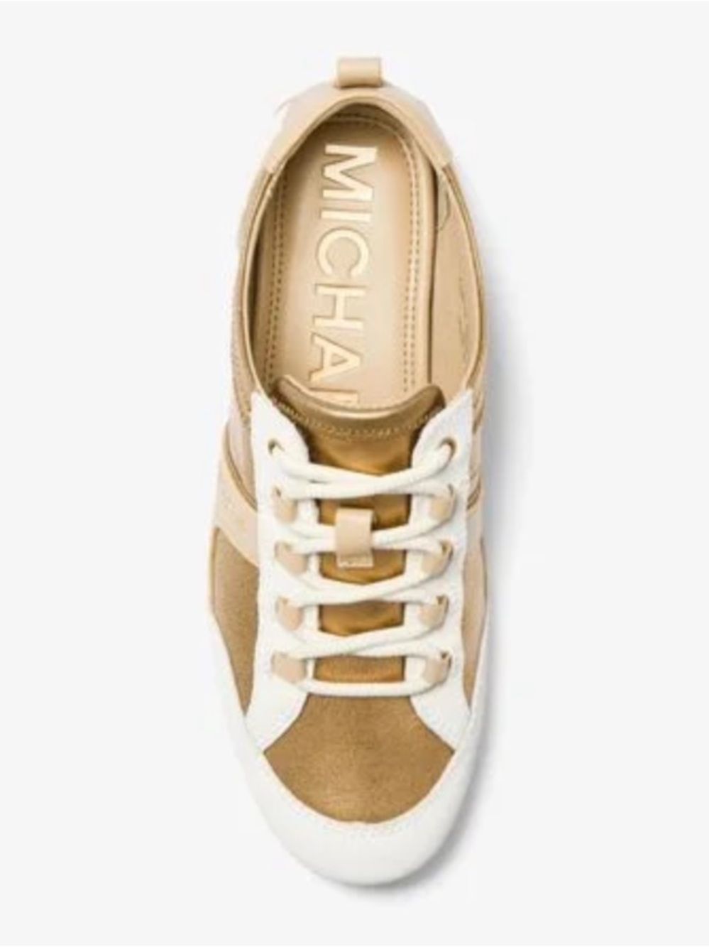 Michael Kors Size 8 Keely Trainer Antique Gold and White Sneaker New In Box